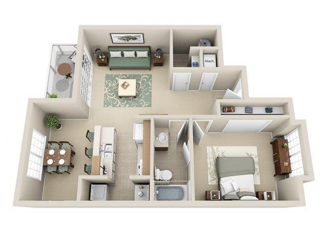 Floor plan for 1 bed, 1 bath, 850 sqft